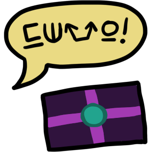 A speech bubble in yellow shows a greeting in the Enderian conscript, a flag is visible underneath with a dark purple background, a light purple plus sign spanning the flag, and a sea-green circle with a slightly lighter circle inside of it.
